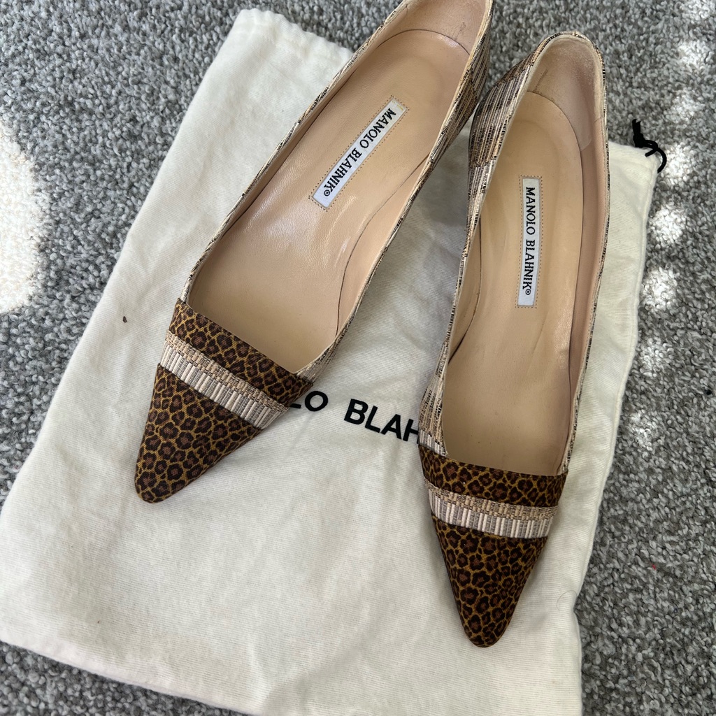 Manolo Blahnik Leopard Print Heels With Tan Accents
